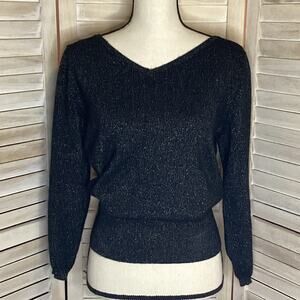 Jumper 1234 Black Multi Color Metallic Shimmer Double V Neck Cashmere Sweater S